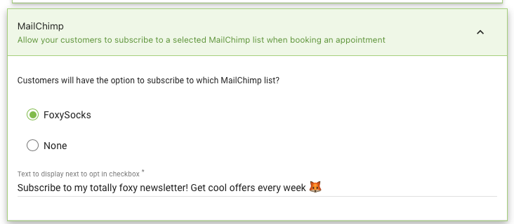 Screenshot depicting the Mailchimp option for the Appointment Type.