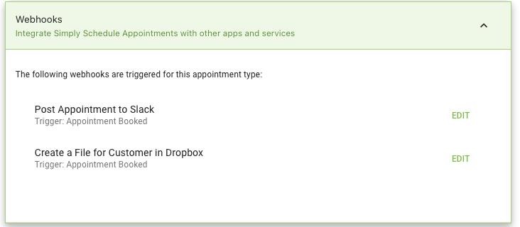 Webhooks tab of the Appointment Type.