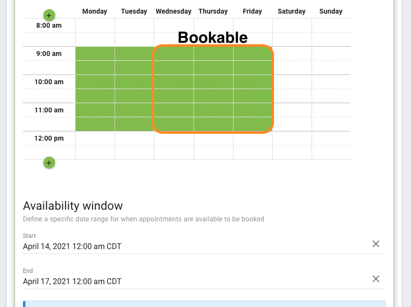 The screenshot displays the availability window and which time slots will show.