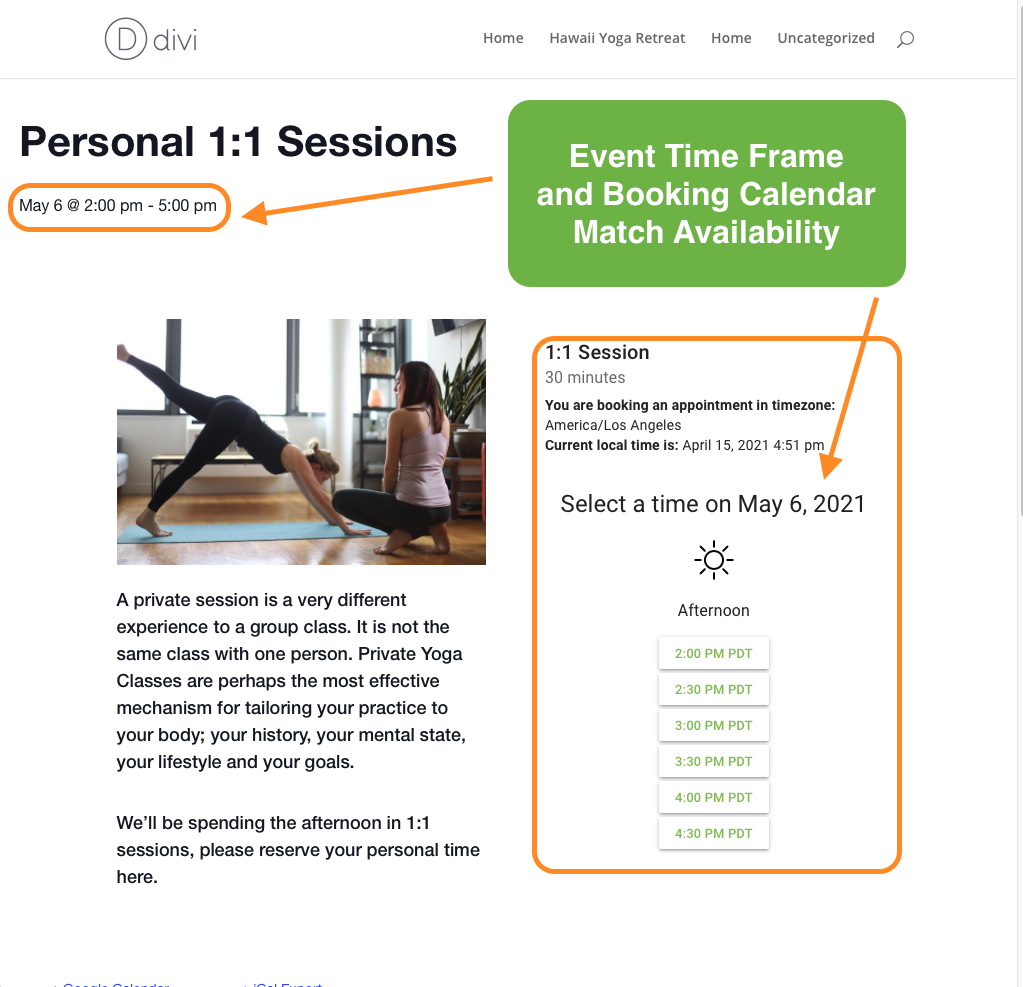 Infographic depicting where the Event Time Frame is and the Booking Calendar matching the availability.