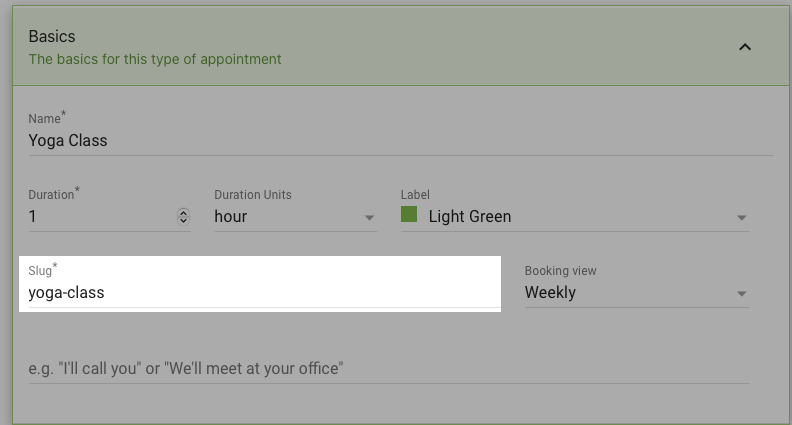 Screenshot depicting where the slug is located in the Basics tab of the appointment type settings.
