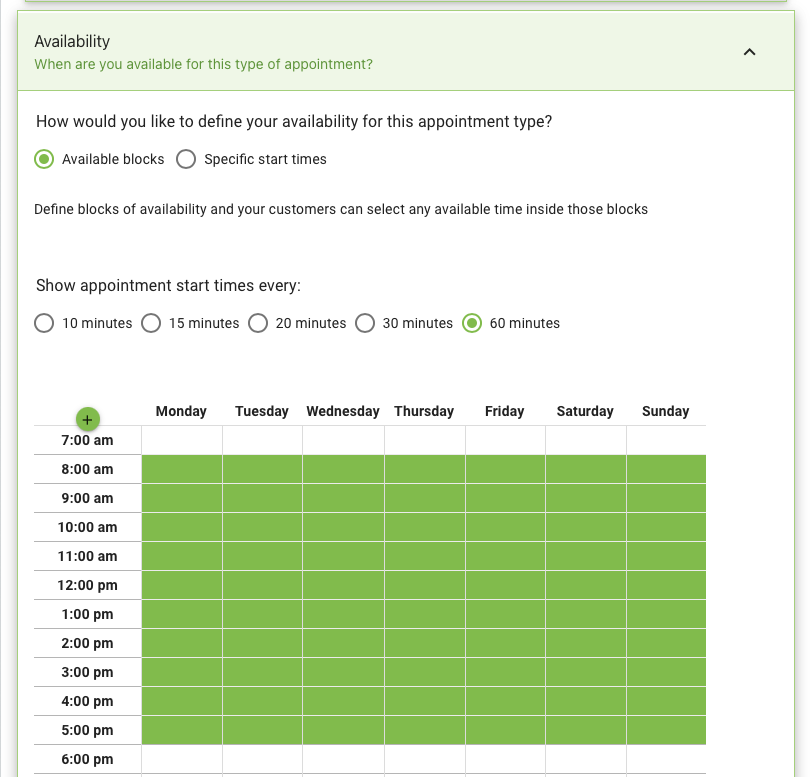 Screenshot depicting the Availability table to be selected during creation of the appointment type.