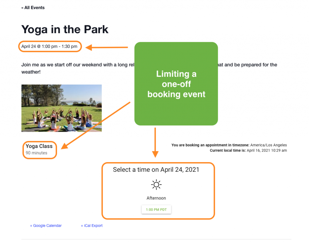 Infographic depicting how to limit a one-off booking event.