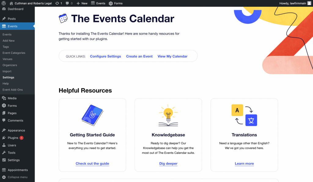 The Events Calendar's Welcome screen.