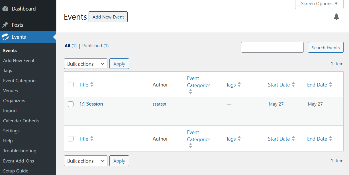 Adding a new event in The Events Calendar by clicking Add New Event at top.