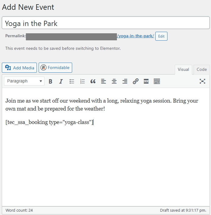Adding the yoga-class shortcode to the event details.