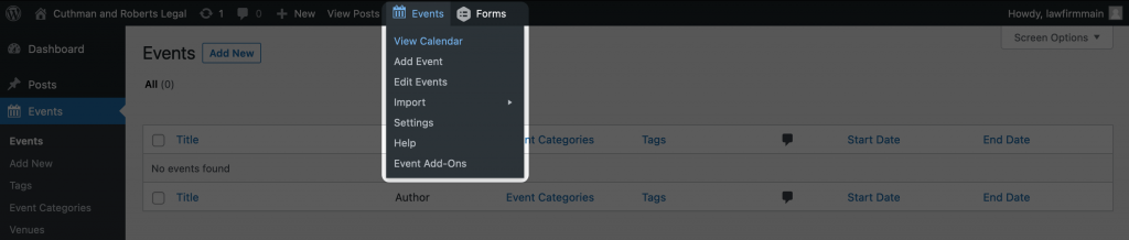 The Events drop-down menu in the WordPress toolbar.