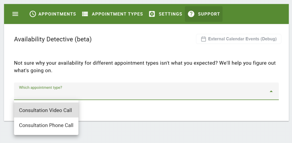 Select Appointment Type in Availability Detective from the dropdown options