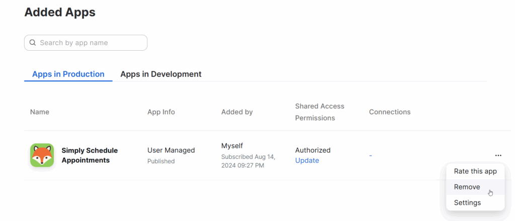 Added Apps in Zoom depicting Simply Schedule Appointments.