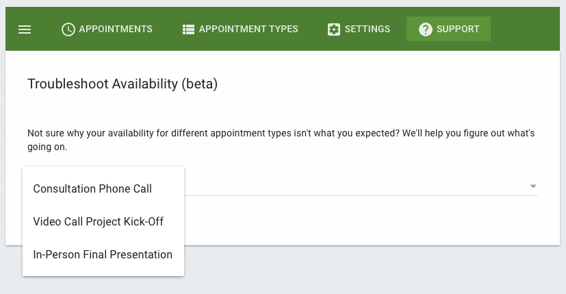 Screenshot depicting how you can select which Appointment Type to check for issues.