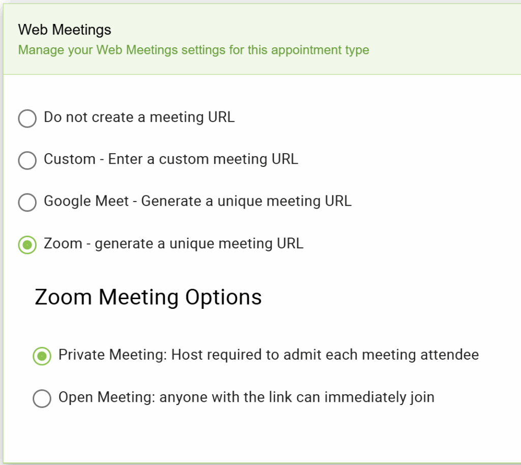 Choosing Web Meeting Options  for Zoom.