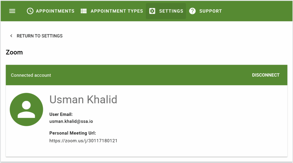 User account connected to Zoom in SSA Settings.
