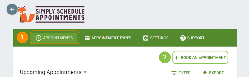 Screenshot depicting where to book appointments, via Appointments tab or the + Book an Appointment button.