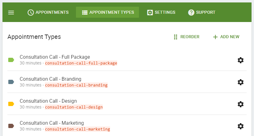 Screenshot depicting the Appointment Types created.