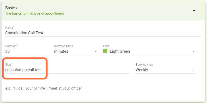 Screenshot depicting the location of the slug to call the appointment type.