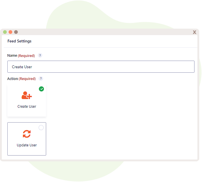 Feed Settings showing Actions such as Create User and Update User