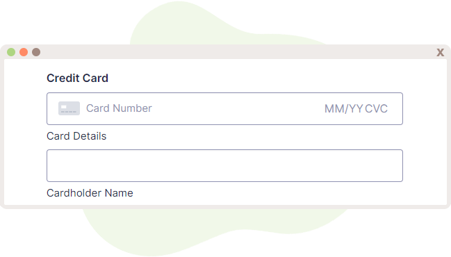 Stripe Card field displays the Credit Card input field and Cardholder name field