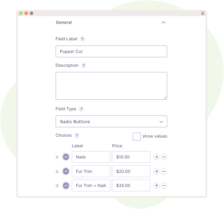 Product Field displaying the properties and Field Type along with accompanying prices per radio button