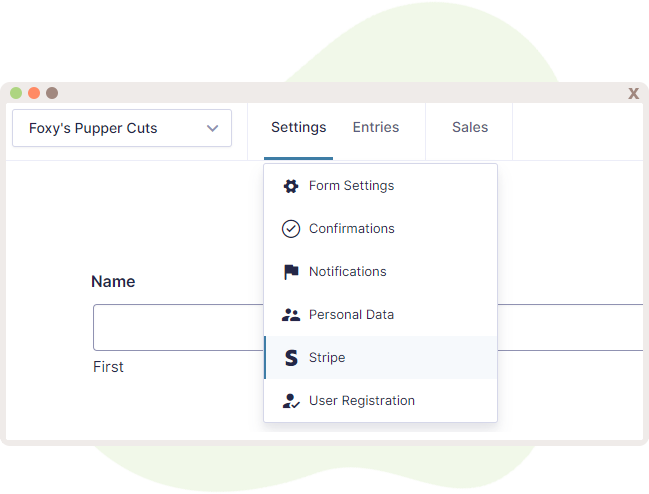 Form Settings with the Stripe setting highlighted