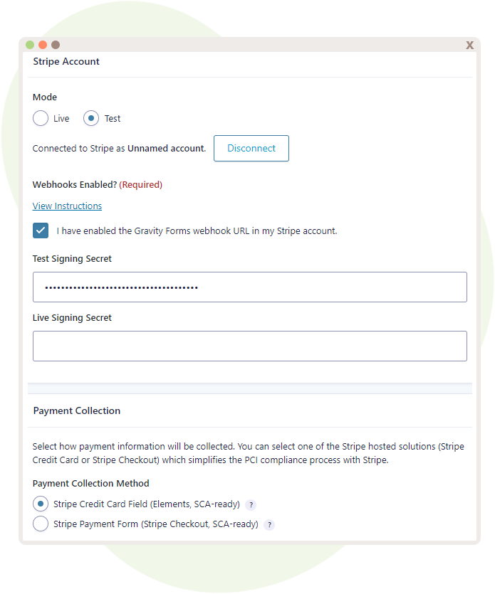 Stripe Account settings set to Test Mode with a checkbox for enabling Gravity Forms webhook URL