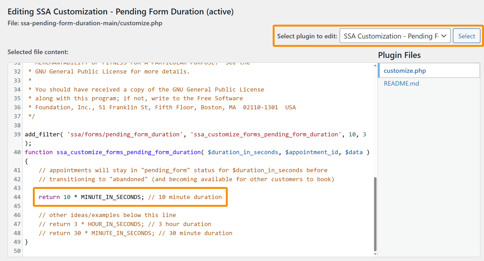 Pending Form duration options to select the plugin from the dropdown and then adjust the time duration for the mini-plugin.