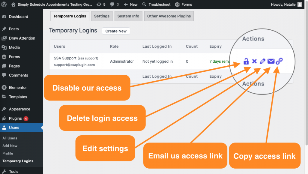 Screenshot depicting how Temporary Logins works and the UI