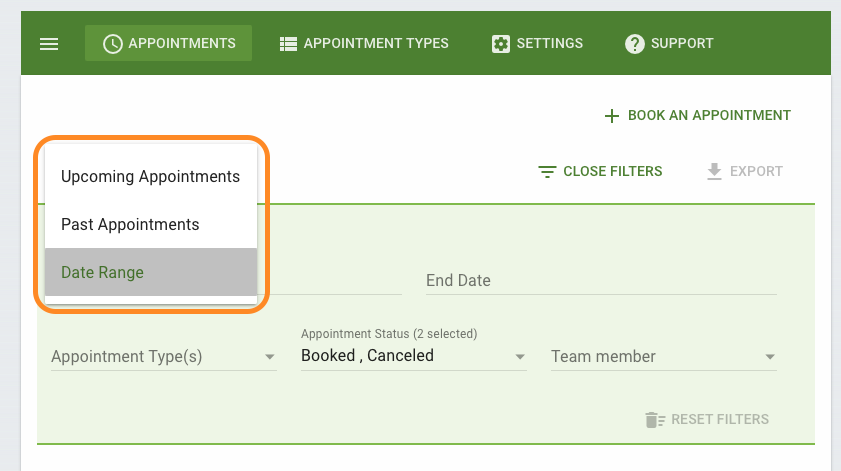 Screenshot depicting the Date Range of Appointment Types in order to export all appointments.