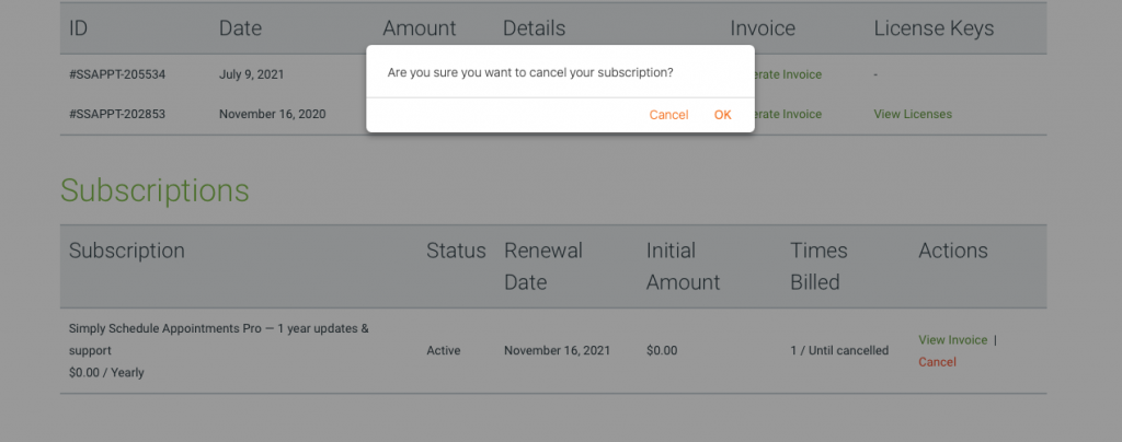 Confirming the cancel request for the subscription 