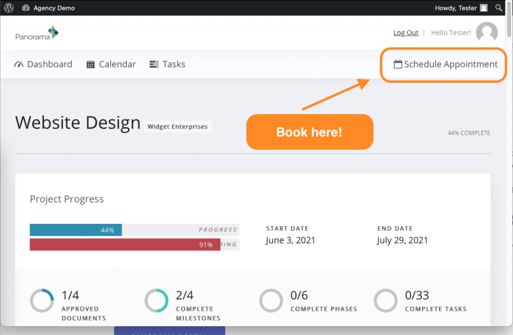 the schedule an appointment button in the project panorama portal highlighted