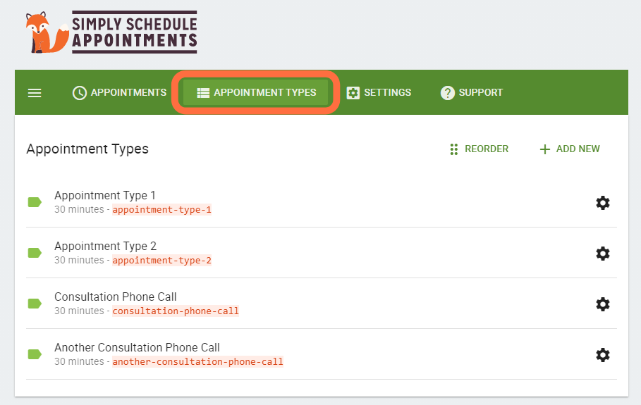 Screenshot depicting where to locate the Appointment Types in the admin.