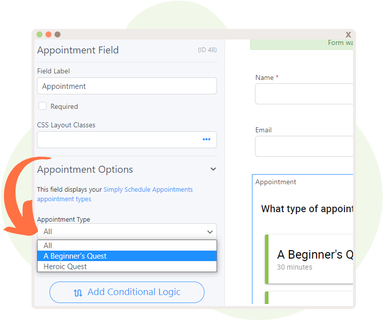 Field options for Appointment Field where the Appointment Type can be specified.