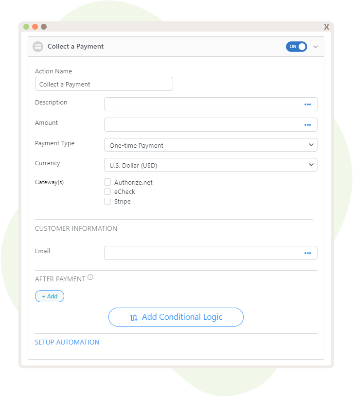 The possible options for the Action, "Collect a Payment", displaying some fields that can be mapped and currencies and gateway options.