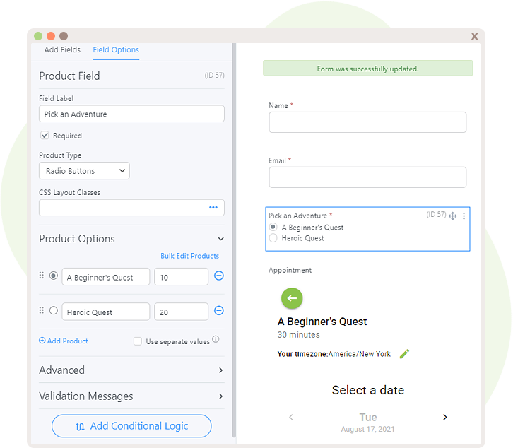 Product Field displaying options and prices.