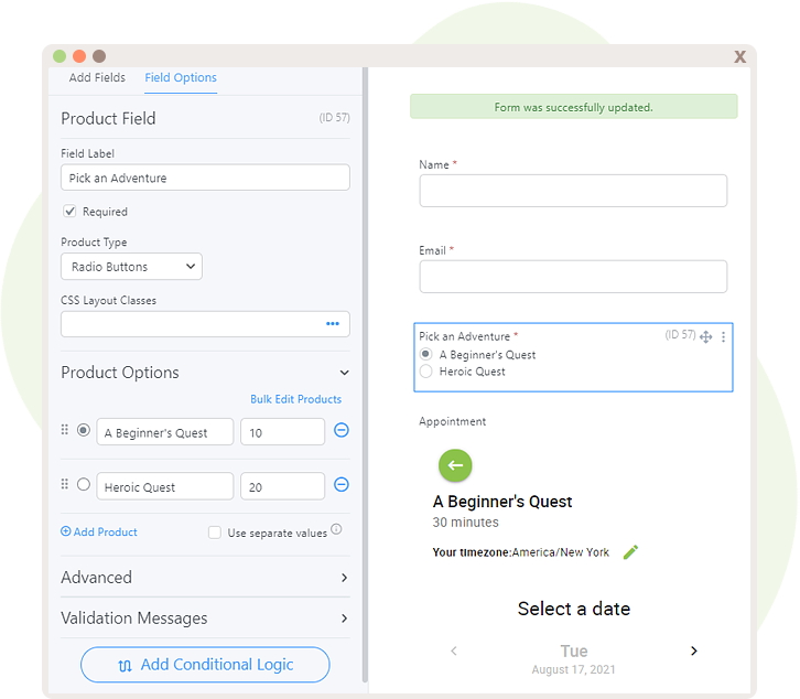 Product Field displaying options and prices.