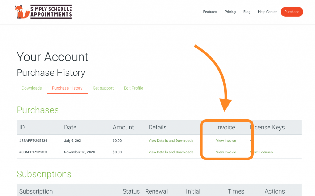 View Invoice Link Within the SSA Purchase History Tab