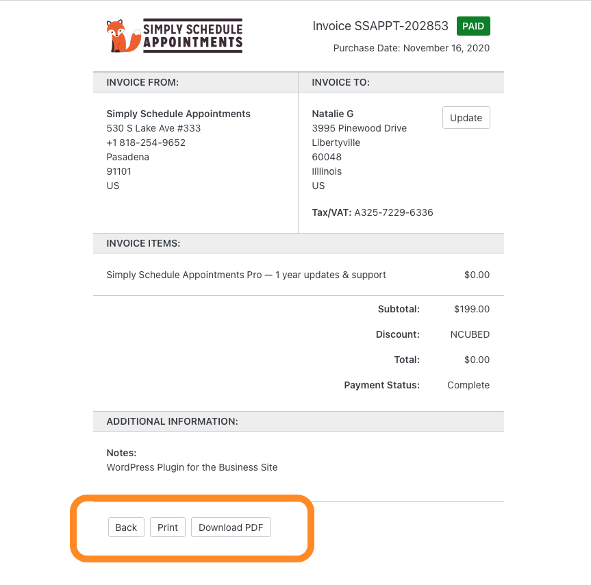 Generating a Purchase Invoice - Simply Schedule Appointments