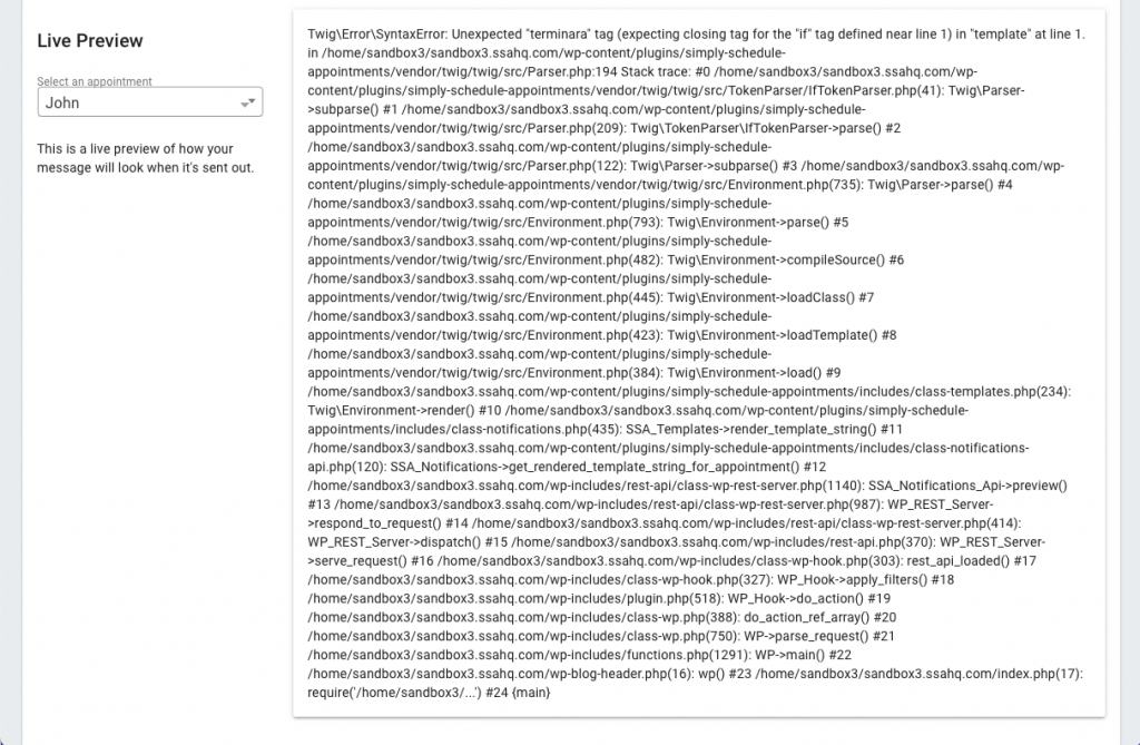 Screenshot depicting twig errors in an email.