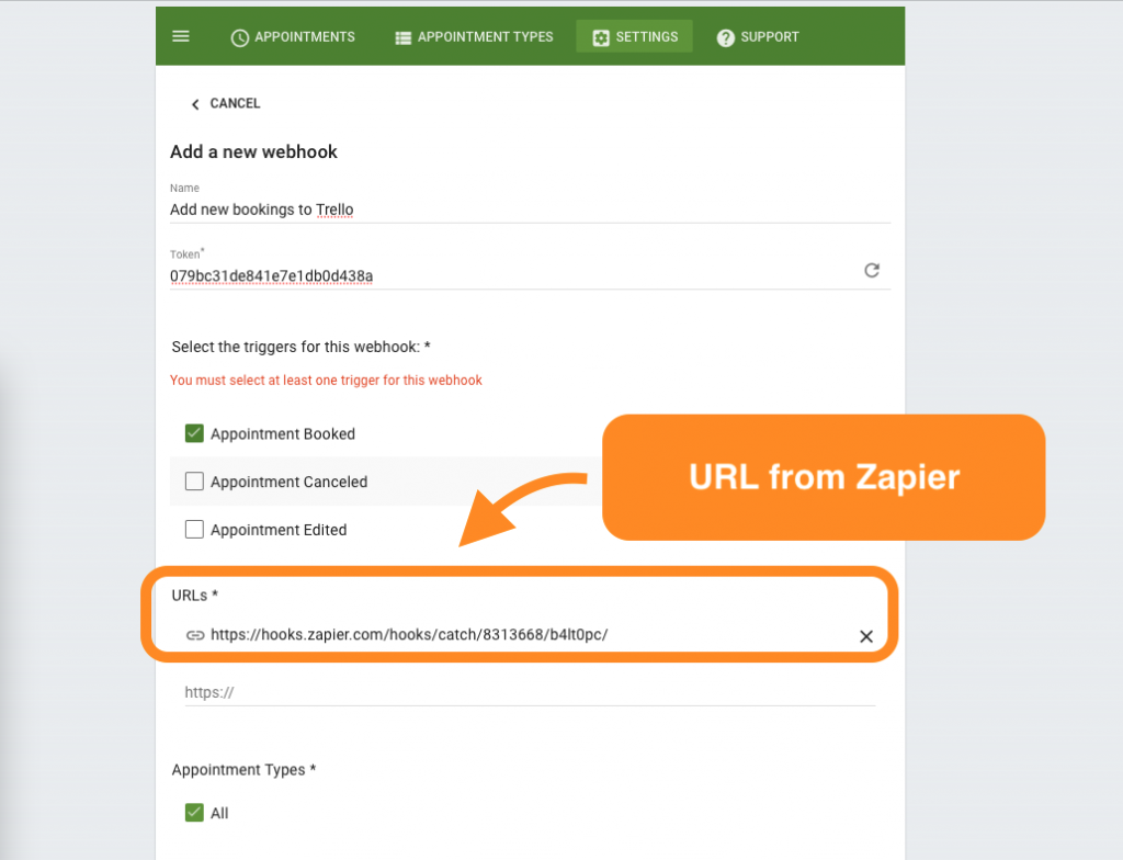 Screenshot depicting the URL copied from Zapier.