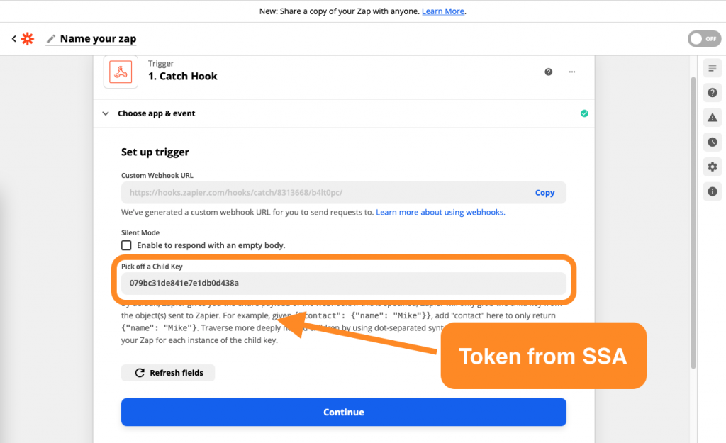 Screenshot displaying the child key in Zapier.