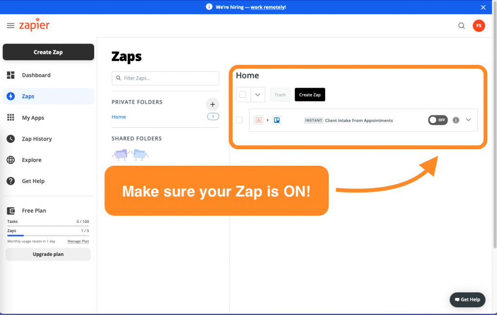 Screenshot displaying the zap turned on in Zapier.