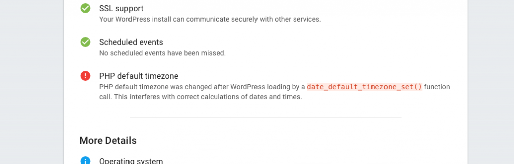 Support Tab depicting the PHP Default timezone error.