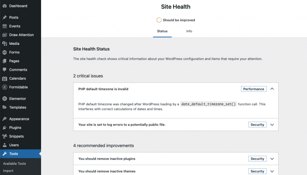Site Health displaying the PHP Default timezone error.