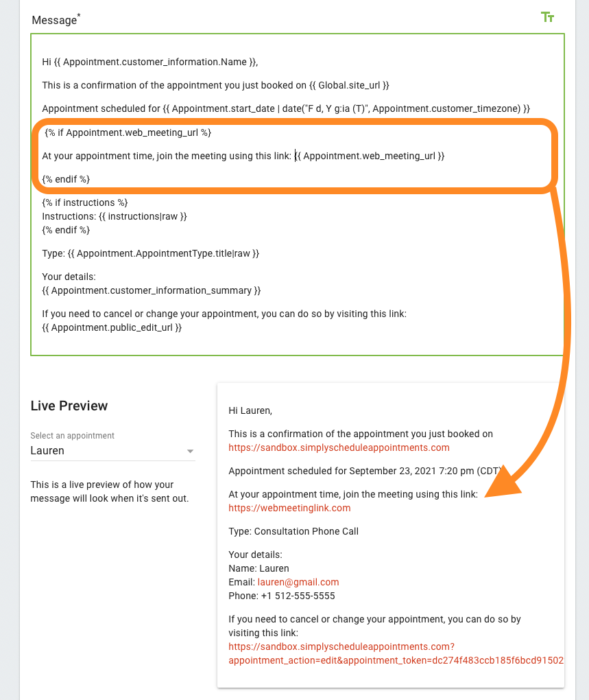 Screenshot displaying web meetings twig in use with conditional logic.