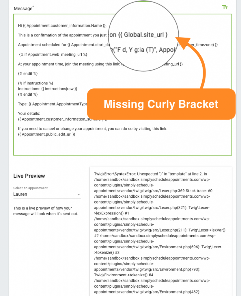 Screenshot depicting a missing bracket on a twig, and Twig errors displaying in the live preview.