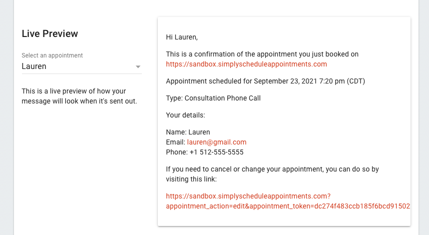Live preview of Lauren's email confirmation for the appointment viewed by a customer.