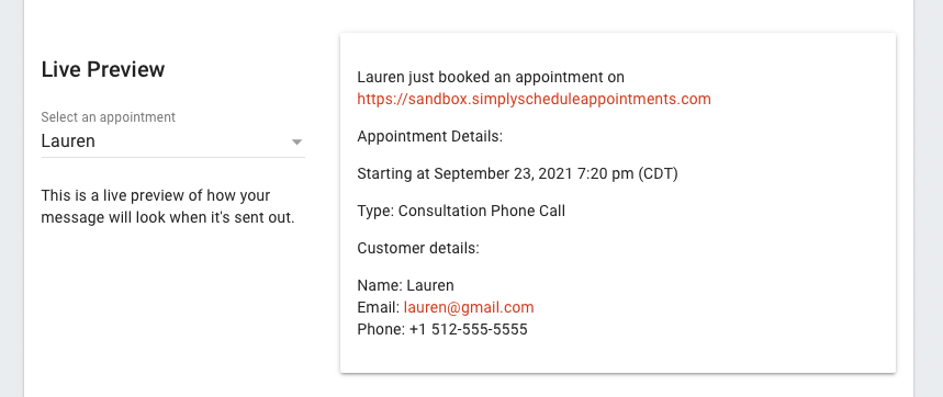 Live Preview of an email notification for Lauren's appointment and how it will look for the admin.