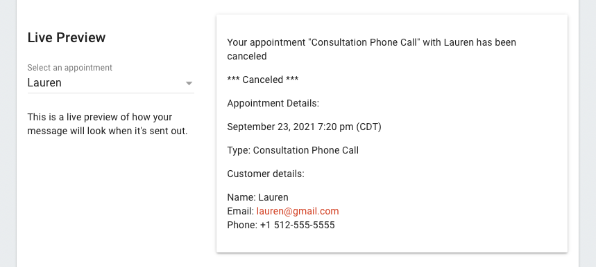 Live preview of the canceled appointment email viewed by admin.