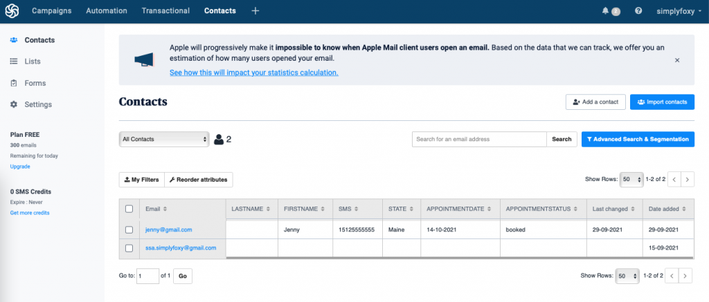WP Fusion contacts overview displaying users that booked appointments via the integration.