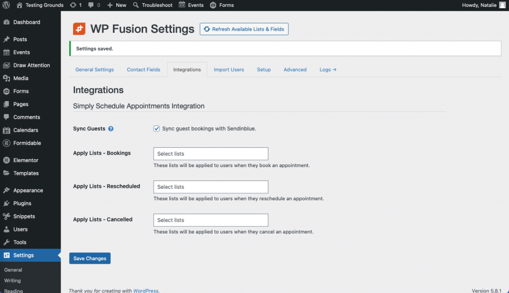 WP Fusion settings displaying the SSA integration, and applying lists to certain appointment statuses.