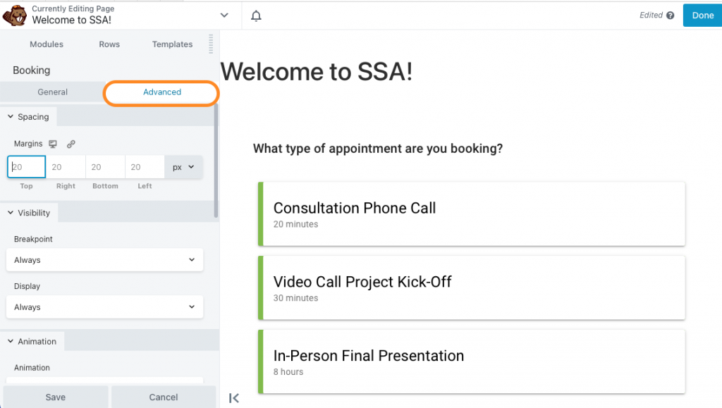 Screenshot depicting the settings that can be adjusted for the SSA module.